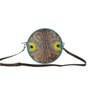 Myra Bag Turquoise & Yellow Tooled Sunflower Crossbody
